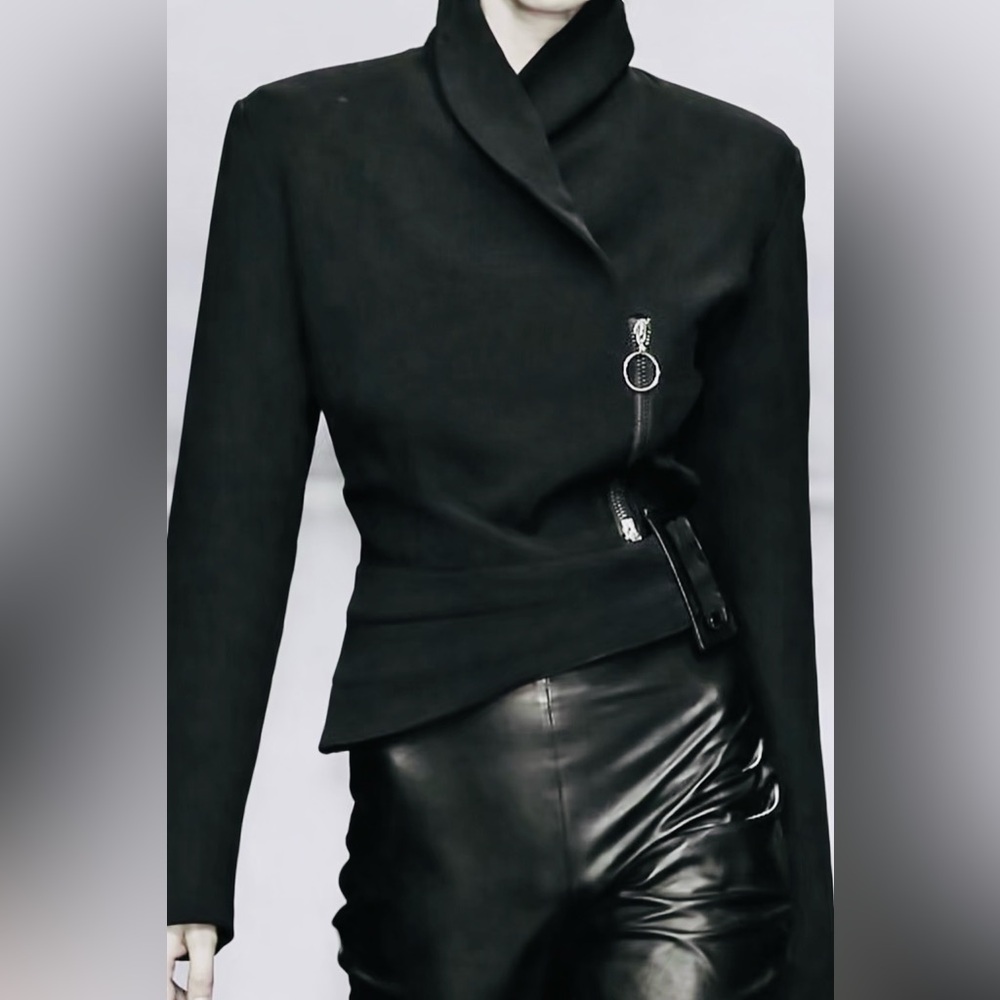 Uoozee. Black Asymmetrical Zip Moto Blazer Jacket Belted NWT. Sz XL